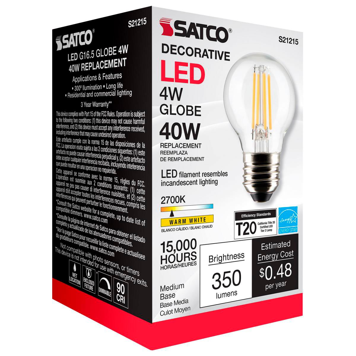 40W Equivalent 4W Clear Dimmable Standard Globe Filament LED Bulb by Satco in scene