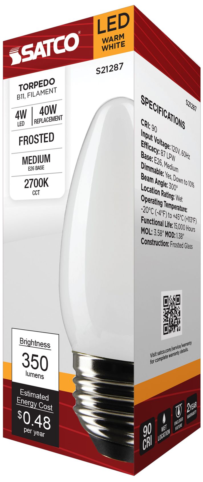 40W Equivalent 4W Dimmable LED Filament Standard Base Bulb by Satco