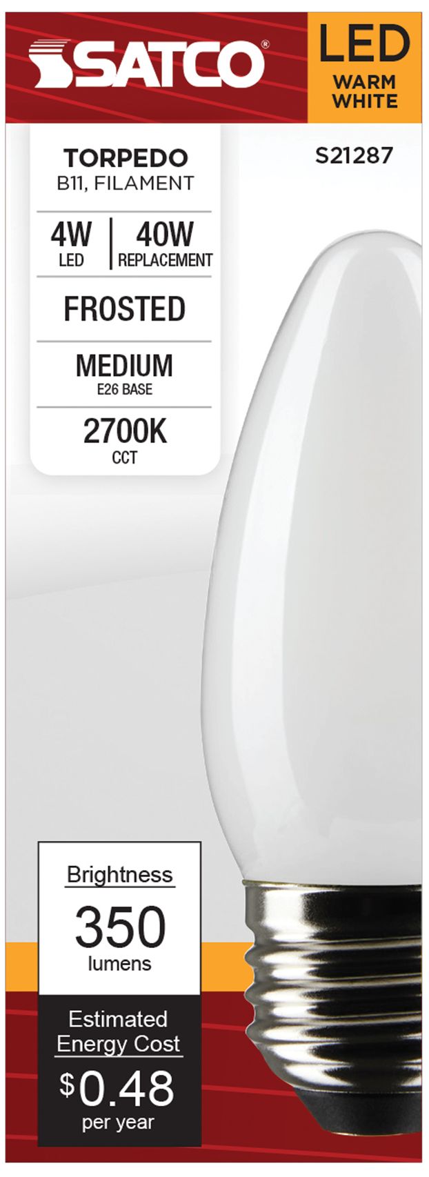 40W Equivalent 4W Dimmable LED Filament Standard Base Bulb by Satco
