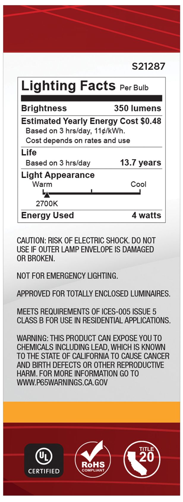 40W Equivalent 4W Dimmable LED Filament Standard Base Bulb by Satco