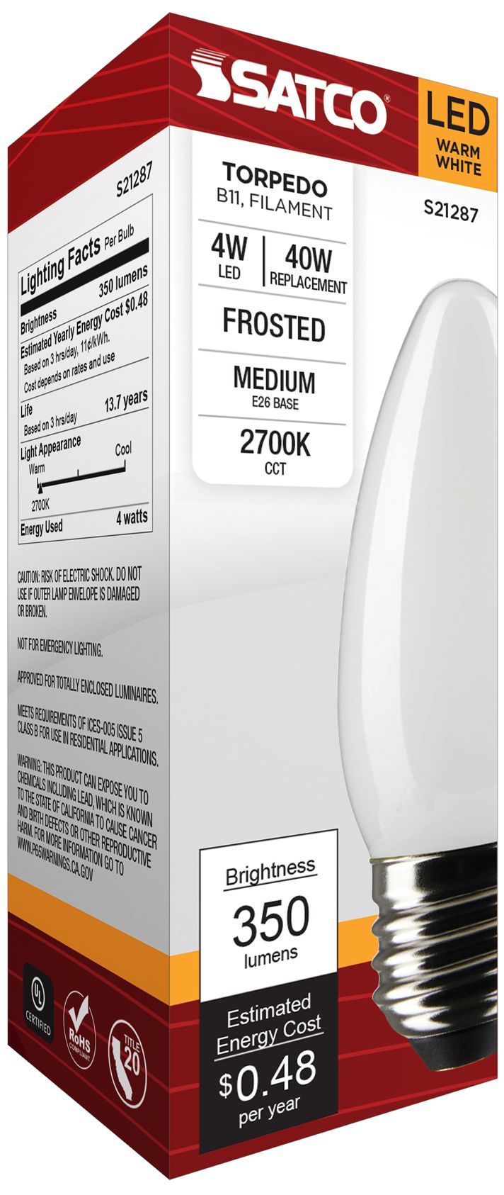 40W Equivalent 4W Dimmable LED Filament Standard Base Bulb by Satco