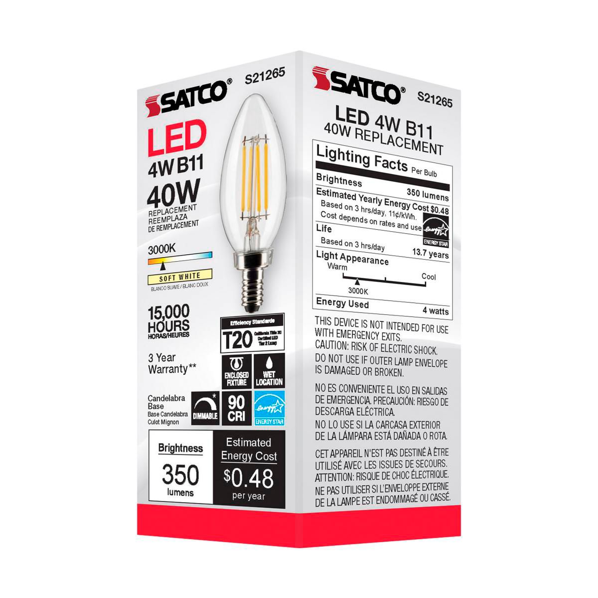 40W Equivalent 4W LED B11 Clear Candelabra 3000K Dimmable Bulb by Satco in scene