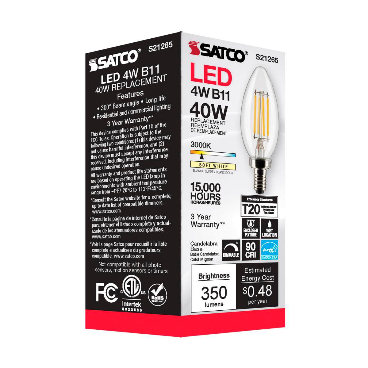 40W Equivalent 4W LED B11 Clear Candelabra 3000K Dimmable Bulb by Satco in scene