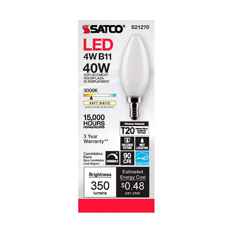 Image 4 40W Equivalent 4W LED B11 Frosted Candelabra 3000K Dimmable Bulb by Satco more views