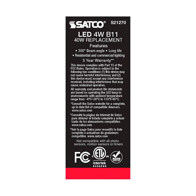 Image 7 40W Equivalent 4W LED B11 Frosted Candelabra 3000K Dimmable Bulb by Satco more views