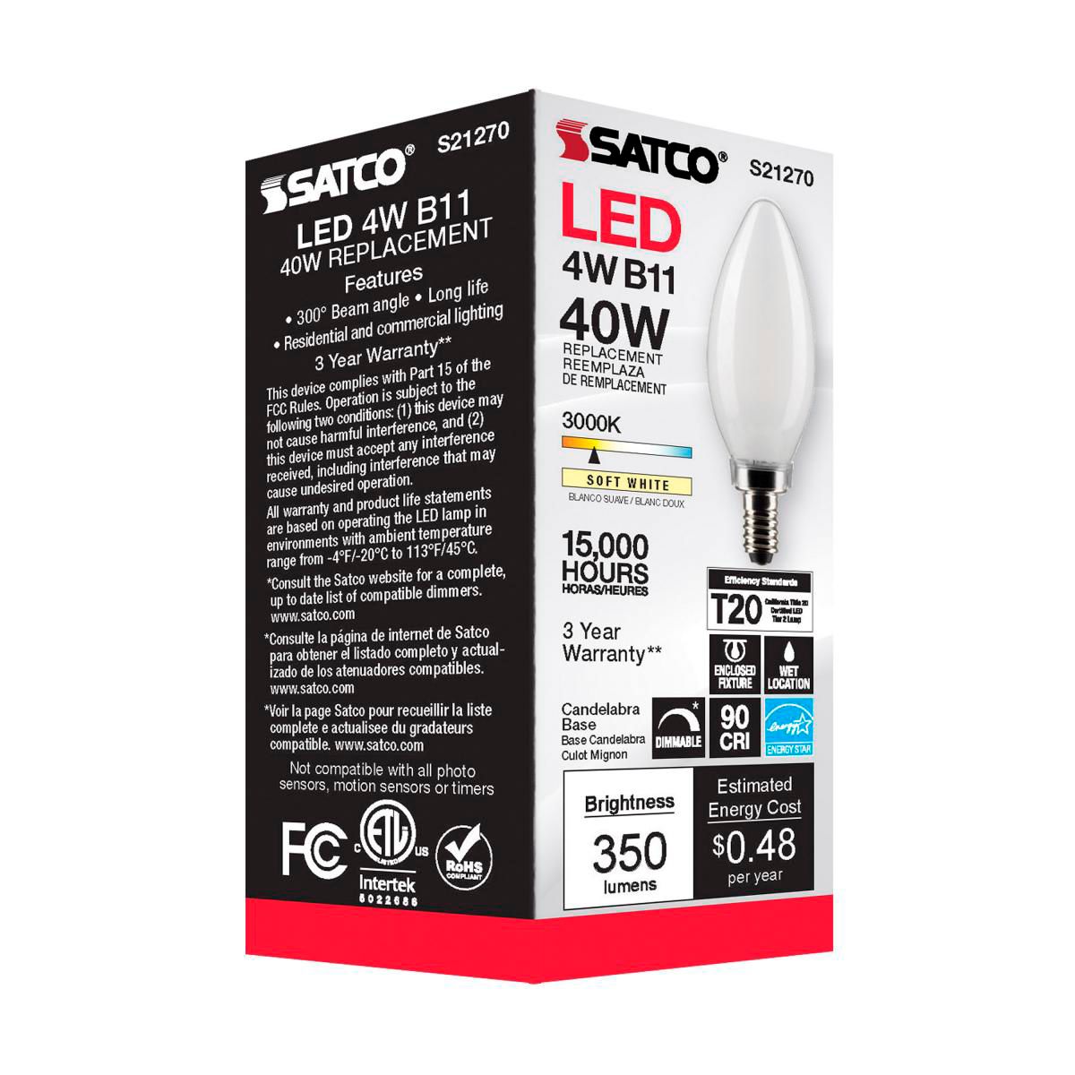 40W Equivalent 4W LED B11 Frosted Candelabra 3000K Dimmable Bulb by Satco in scene