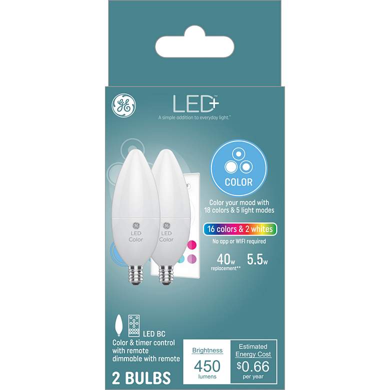 Image 1 40W Equivalent 5.5W 18 Color Remote Control LED Candelabra Bulb 2 Pack