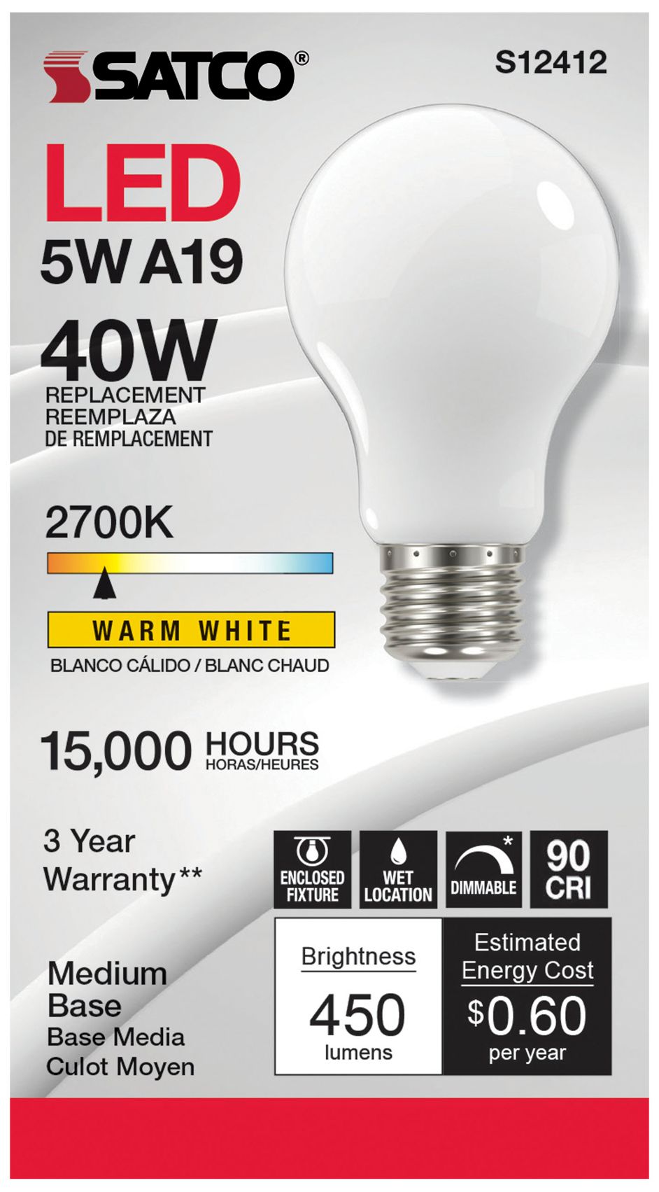 Image 2 40W Equivalent 5W LED Dimmable E26 2700K A19 Light Bulb by Satco more views