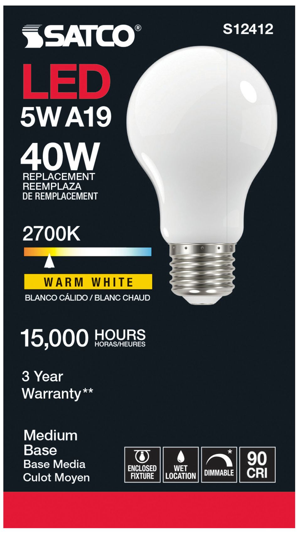 Image 3 40W Equivalent 5W LED Dimmable E26 2700K A19 Light Bulb by Satco more views