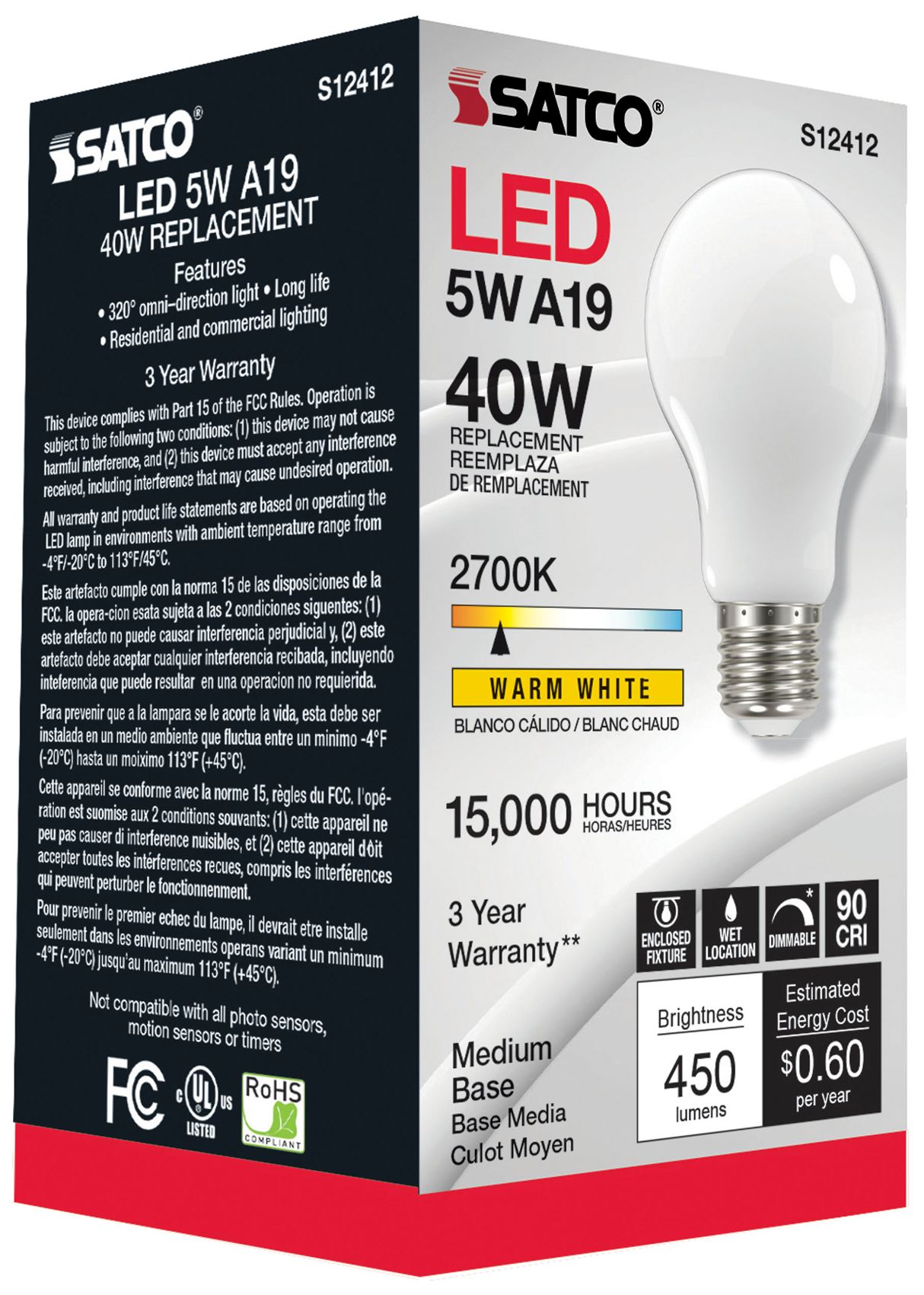 Image 4 40W Equivalent 5W LED Dimmable E26 2700K A19 Light Bulb by Satco more views