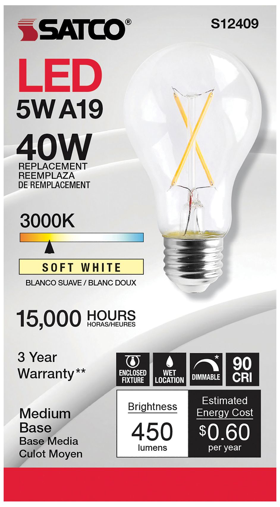 Thumbnail2 of 40W Equivalent 5W LED Dimmable E26 3000K A19 Light Bulb by Satco more views
