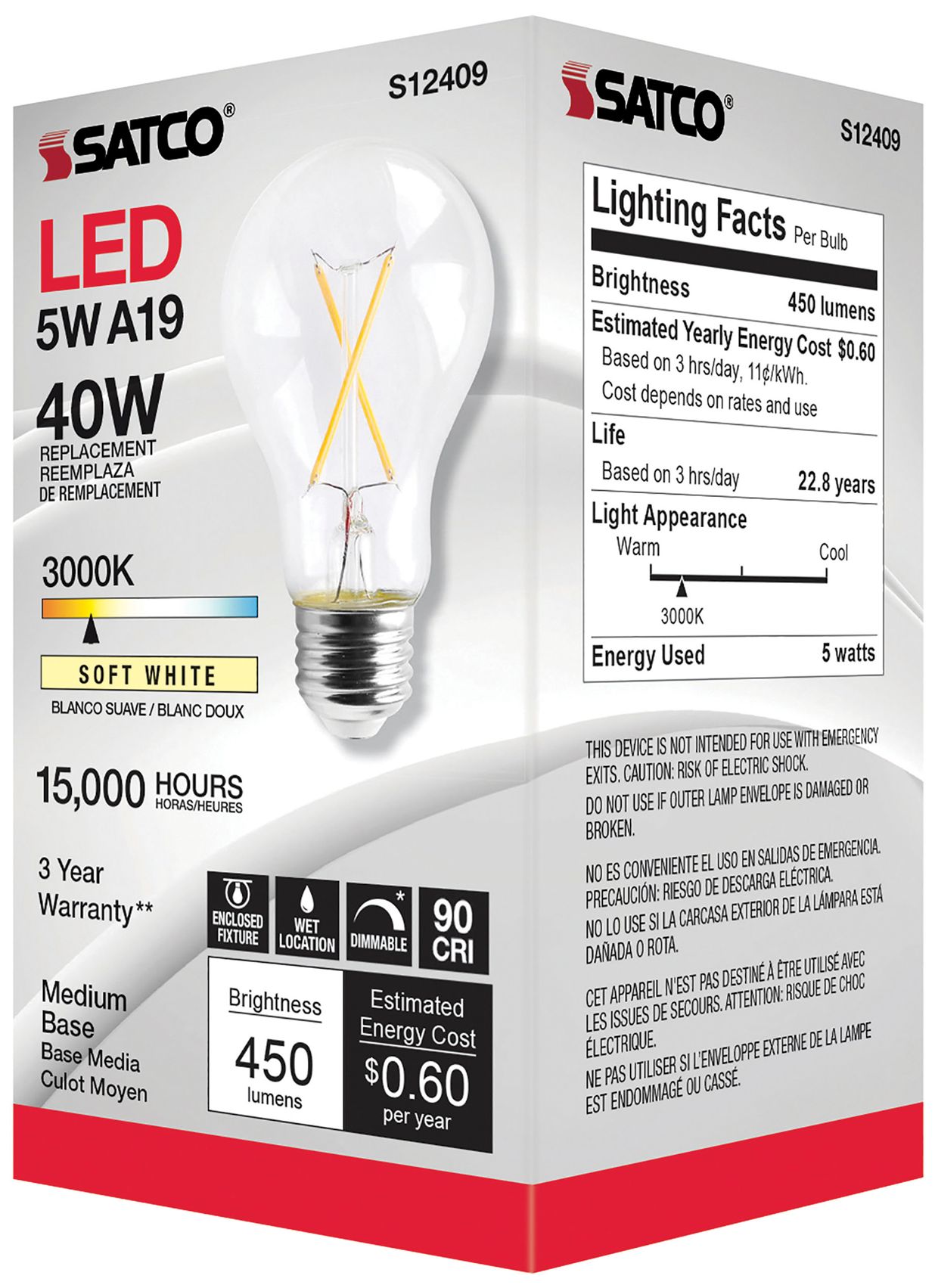 40W Equivalent 5W LED Dimmable E26 3000K A19 Light Bulb by Satco