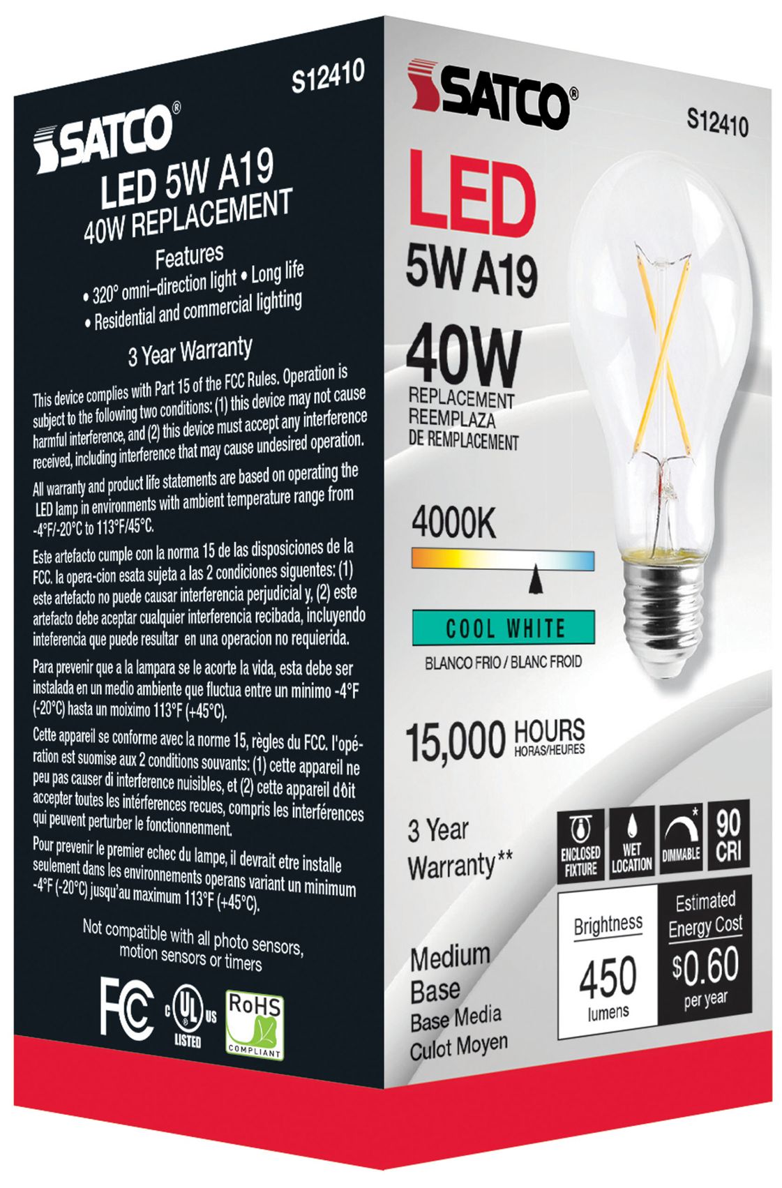 Image 3 40W Equivalent 5W LED Dimmable E26 4000K Clear A19 Light Bulb by Satco more views