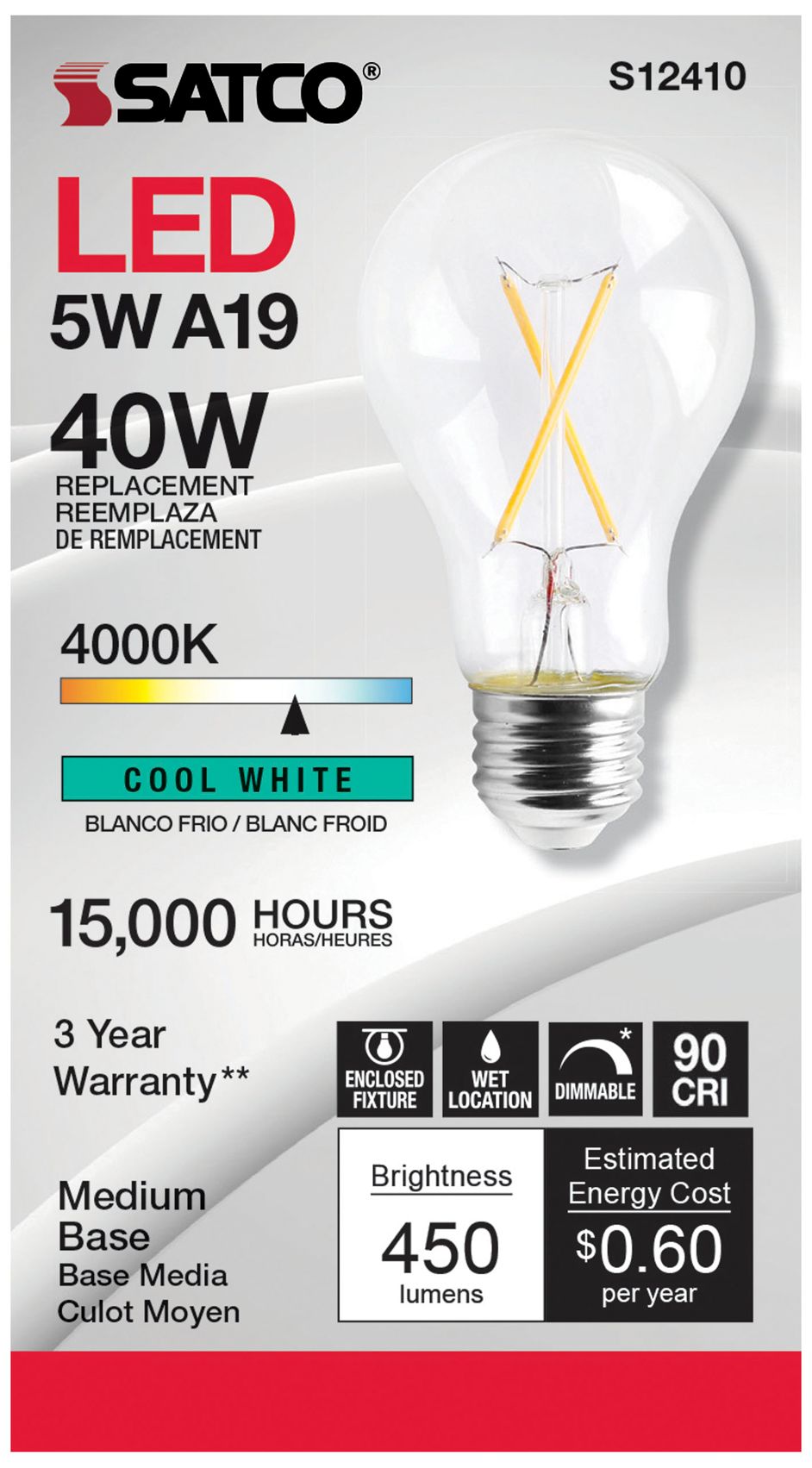 Image 6 40W Equivalent 5W LED Dimmable E26 4000K Clear A19 Light Bulb by Satco more views