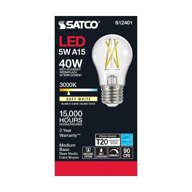 Image 3 40W Equivalent Clear 5W 3000K LED Dimmable Standard Base A15 Bulb by Satco more views