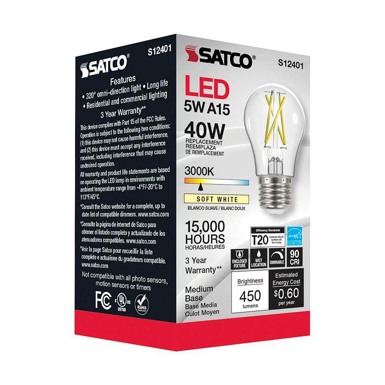 Image 4 40W Equivalent Clear 5W 3000K LED Dimmable Standard Base A15 Bulb by Satco more views