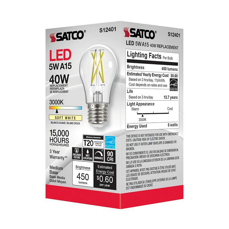 Image 5 40W Equivalent Clear 5W 3000K LED Dimmable Standard Base A15 Bulb by Satco more views