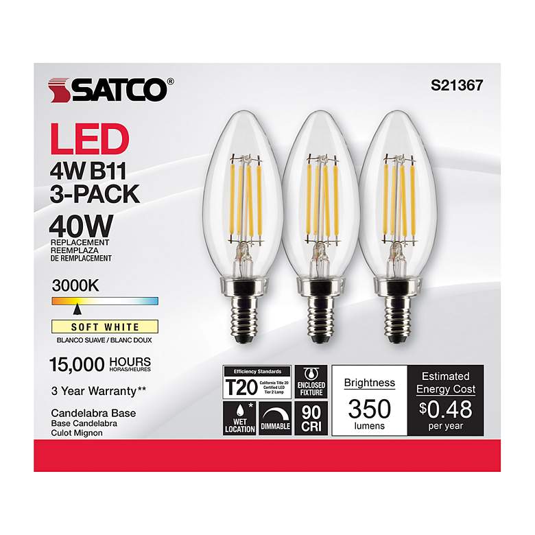 Image 5 40W Equivalent Satco Clear 4W LED Dimmable Candelabra 3-Pack more views