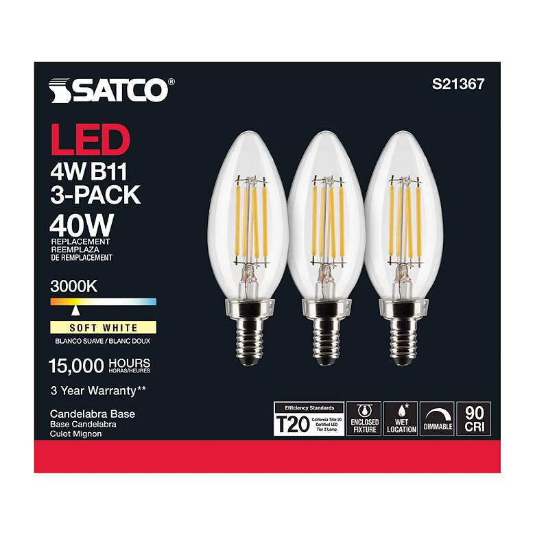 Image 6 40W Equivalent Satco Clear 4W LED Dimmable Candelabra 3-Pack more views