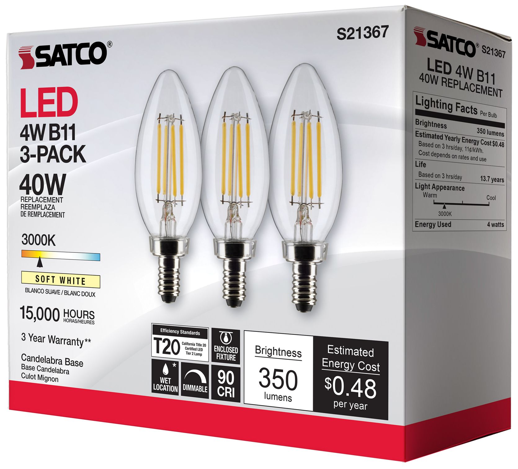 40W Equivalent Satco Clear 4W LED Dimmable Candelabra B11 6-Pack