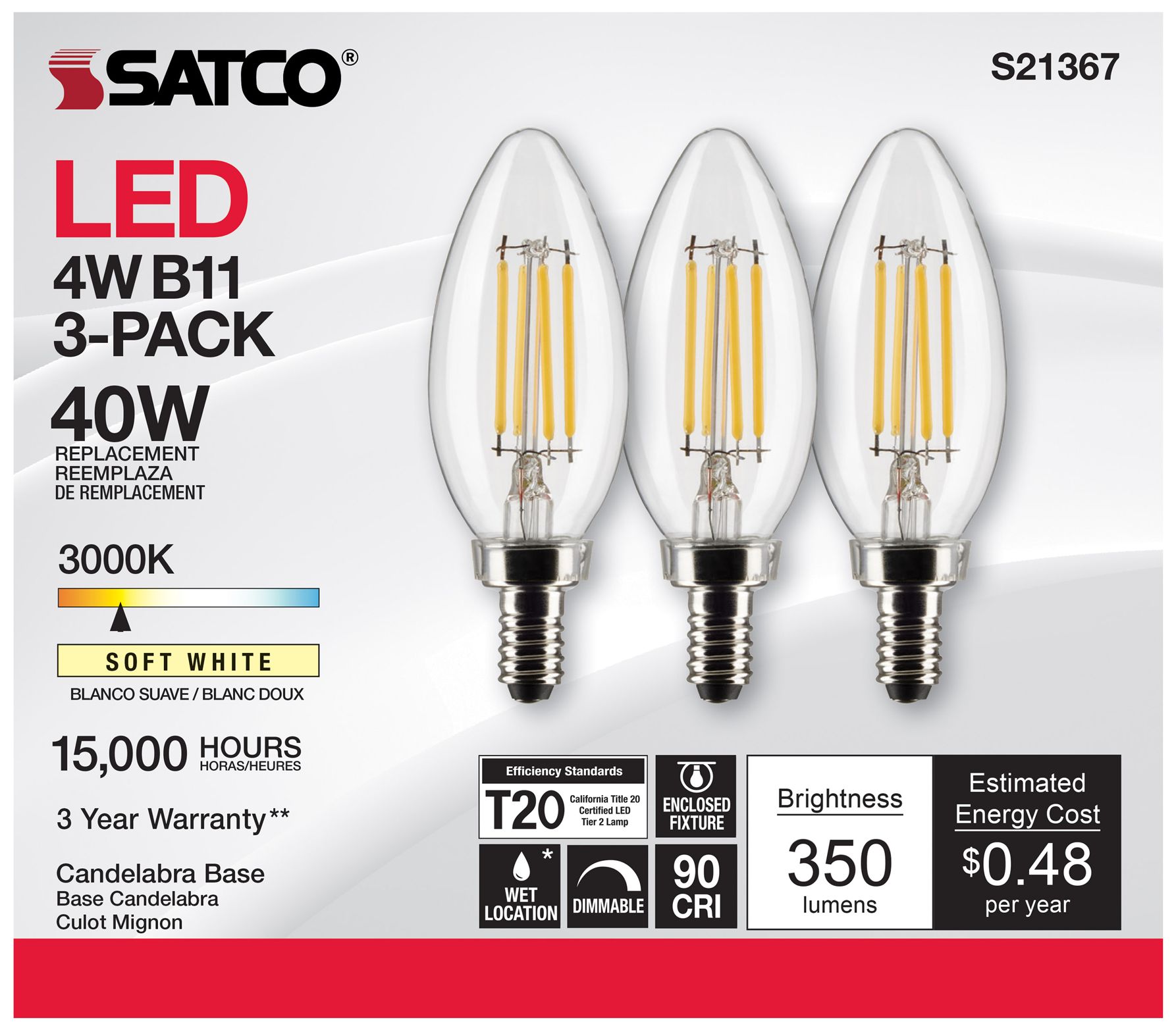 Image 5 40W Equivalent Satco Clear 4W LED Dimmable Candelabra B11 6-Pack more views
