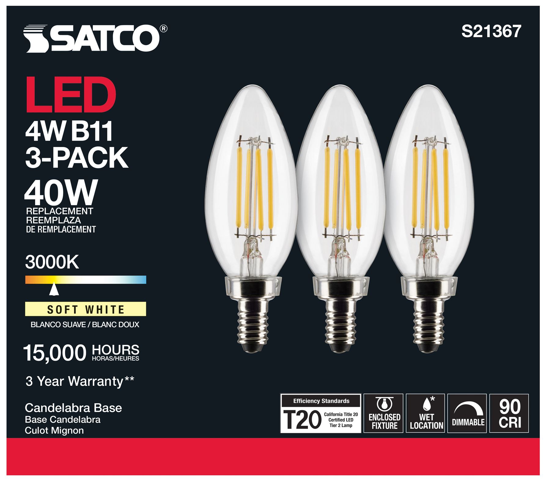 Image 6 40W Equivalent Satco Clear 4W LED Dimmable Candelabra B11 6-Pack more views