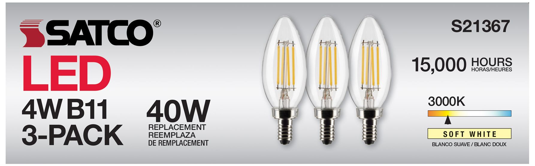 40W Equivalent Satco Clear 4W LED Dimmable Candelabra B11 6-Pack