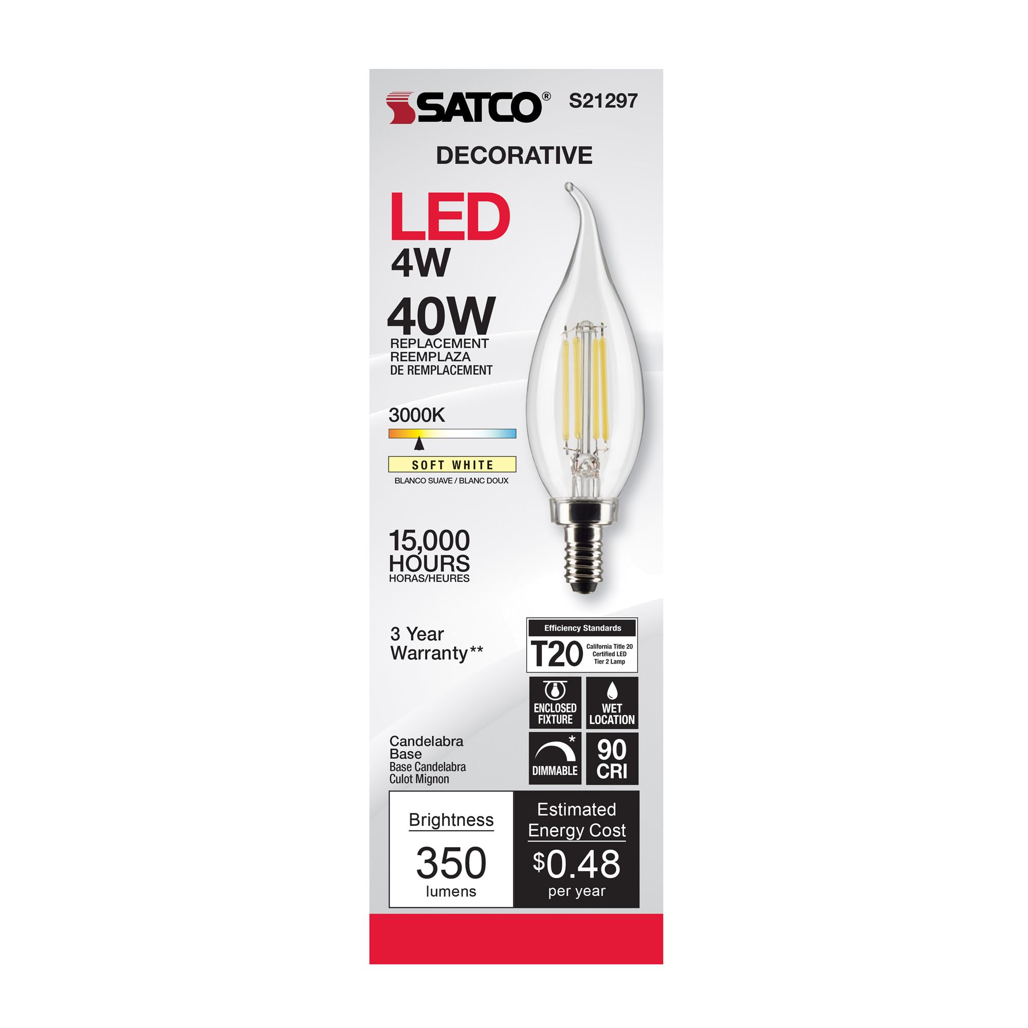 Image 6 40W Equivalent Satco Clear 4W LED Dimmable Candelabra CA10 more views