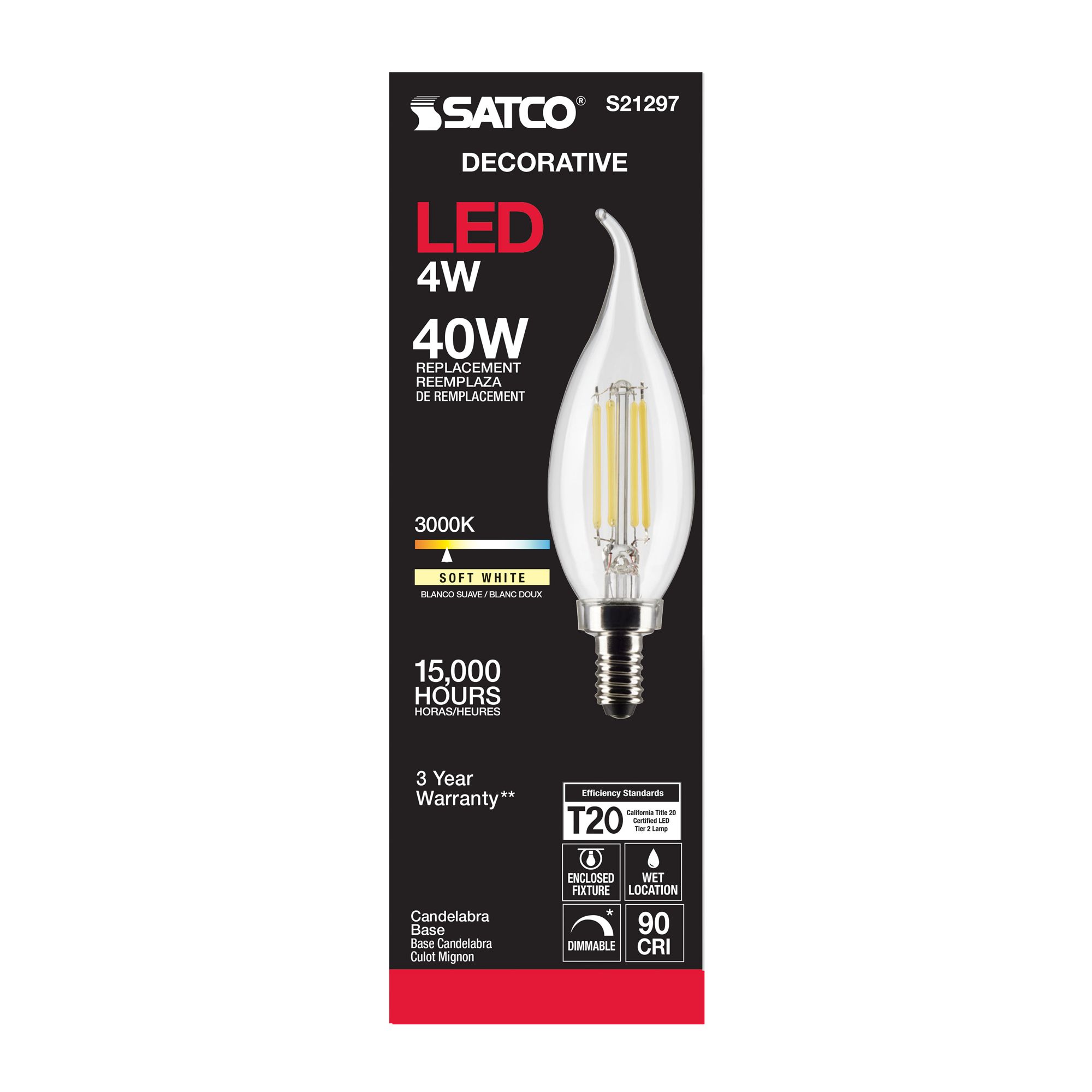 Image 7 40W Equivalent Satco Clear 4W LED Dimmable Candelabra CA10 more views