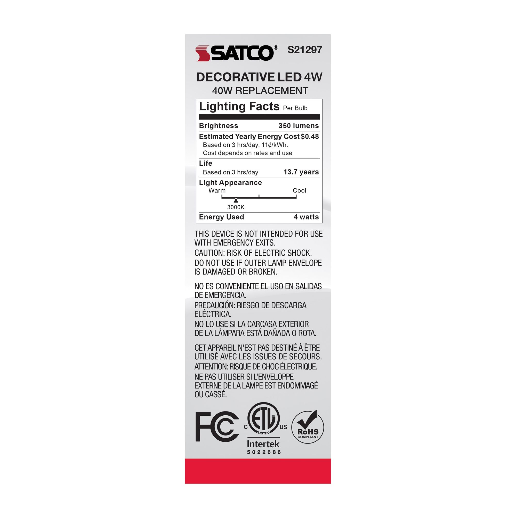 40W Equivalent Satco Clear 4W LED Dimmable Candelabra CA10 in scene