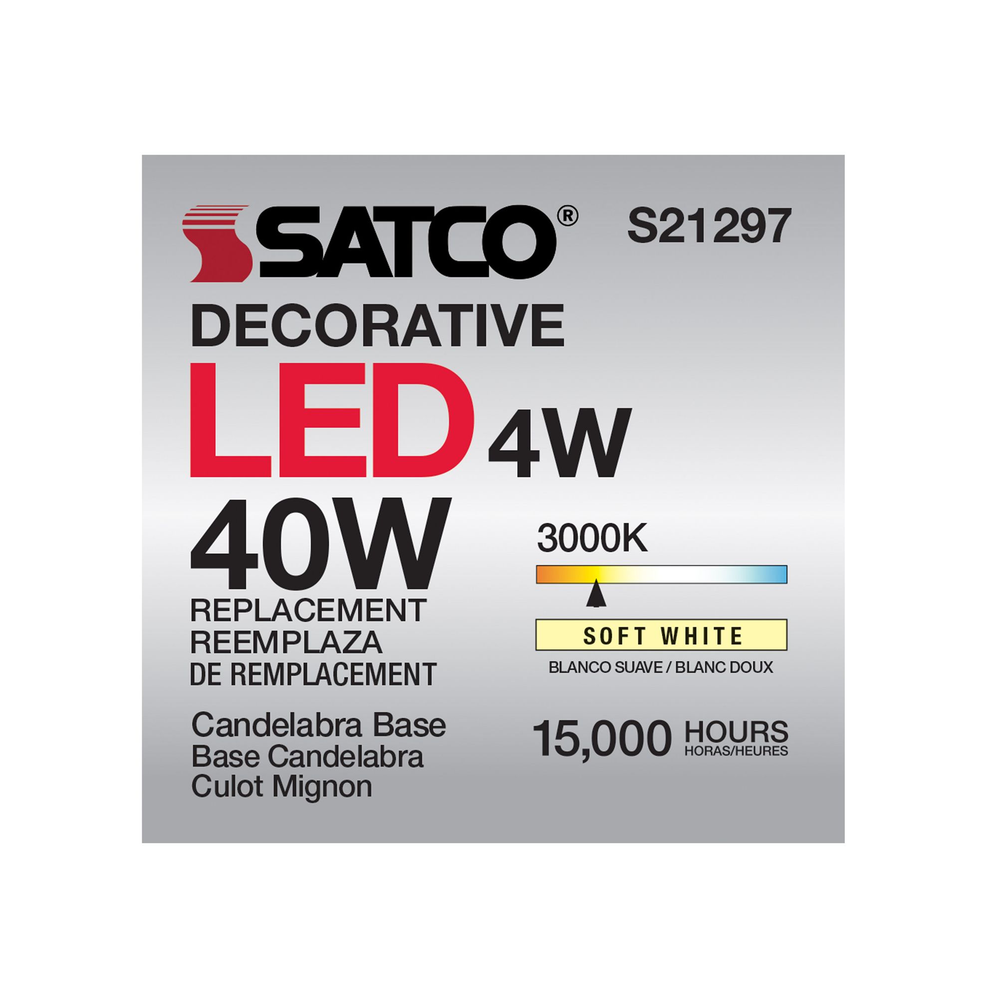 40W Equivalent Satco Clear 4W LED Dimmable Candelabra CA10 in scene