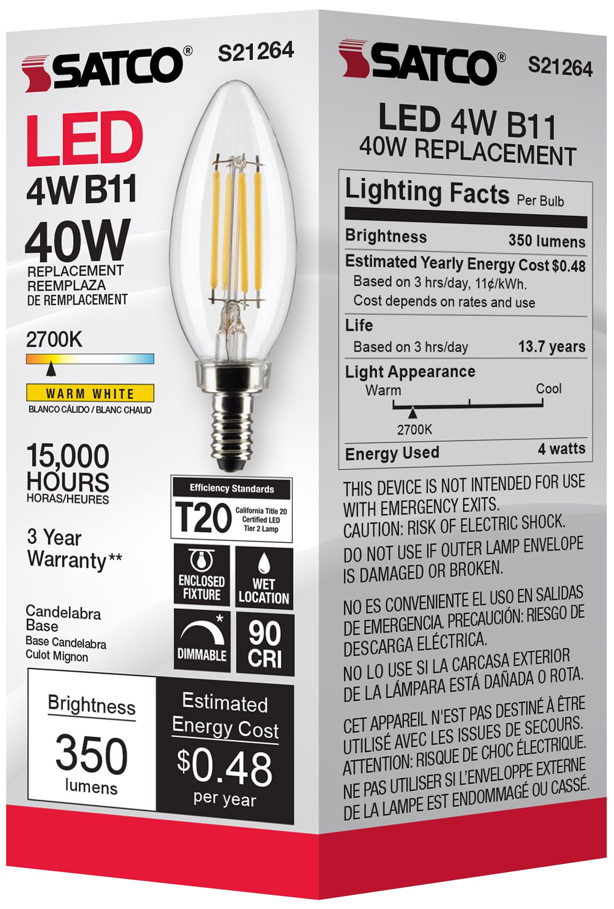 40W Equivalent Satco Clear 4W LED Dimmable E12 B11 6-Pack