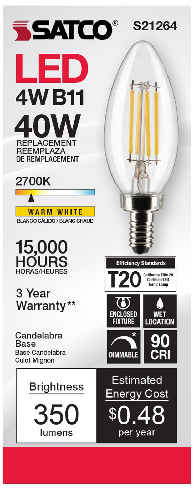 Image 5 40W Equivalent Satco Clear 4W LED Dimmable E12 B11 6-Pack more views