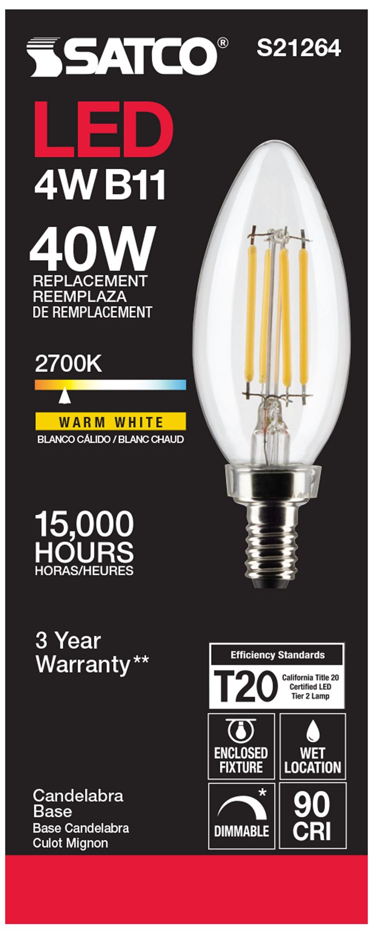 Image 6 40W Equivalent Satco Clear 4W LED Dimmable E12 B11 6-Pack more views