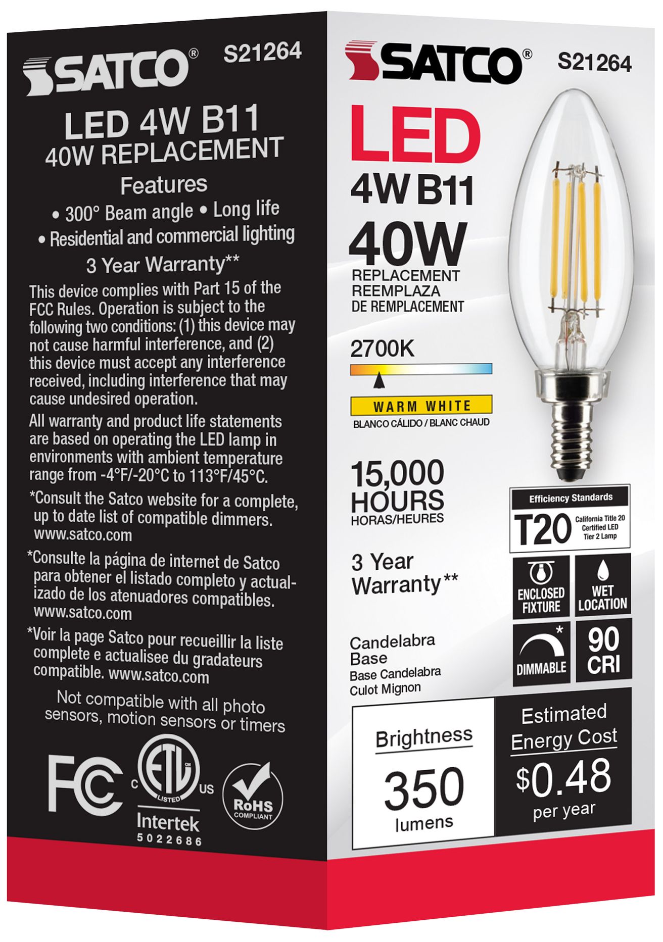 40W Equivalent Satco Clear 4W LED Dimmable E12 B11 6-Pack