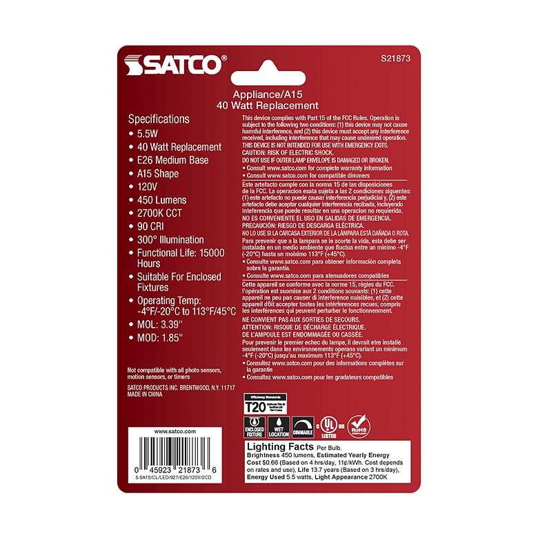 Image 5 40W Equivalent Satco Clear 5.5W LED Dimmable Standard 2-Pack more views