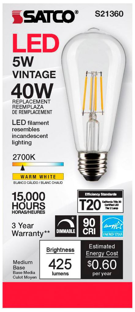Image 4 40W Equivalent Satco Clear 5W LED Dimmable Standard ST19 6-Pack more views