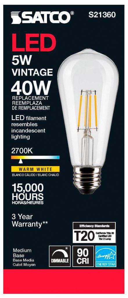 Image 5 40W Equivalent Satco Clear 5W LED Dimmable Standard ST19 6-Pack more views