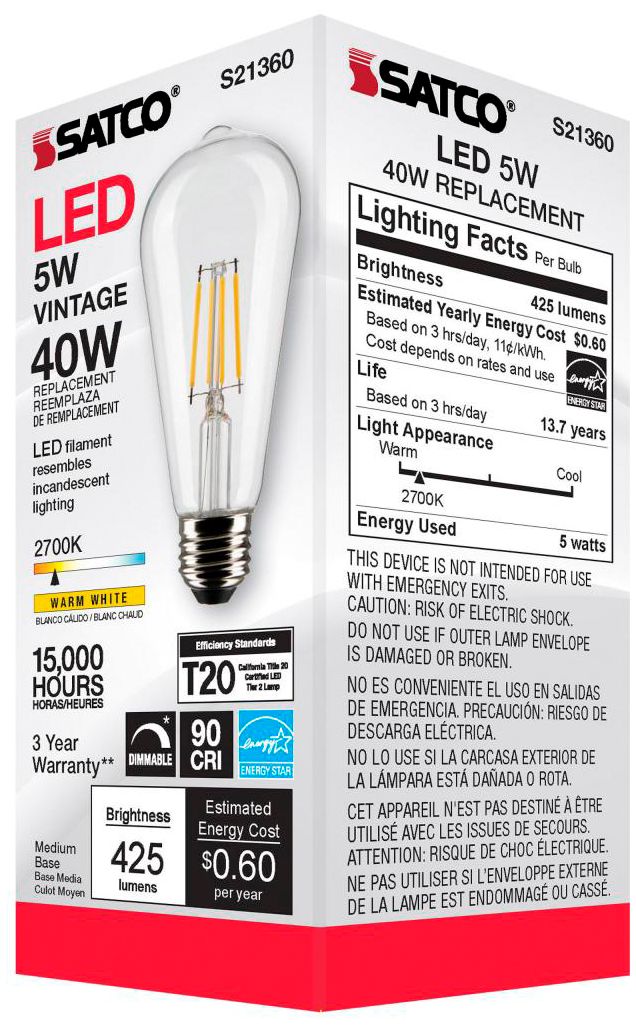 40W Equivalent Satco Clear 5W LED Dimmable Standard ST19 6-Pack