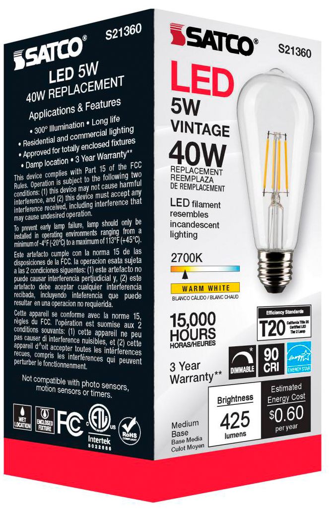 40W Equivalent Satco Clear 5W LED Dimmable Standard ST19 6-Pack