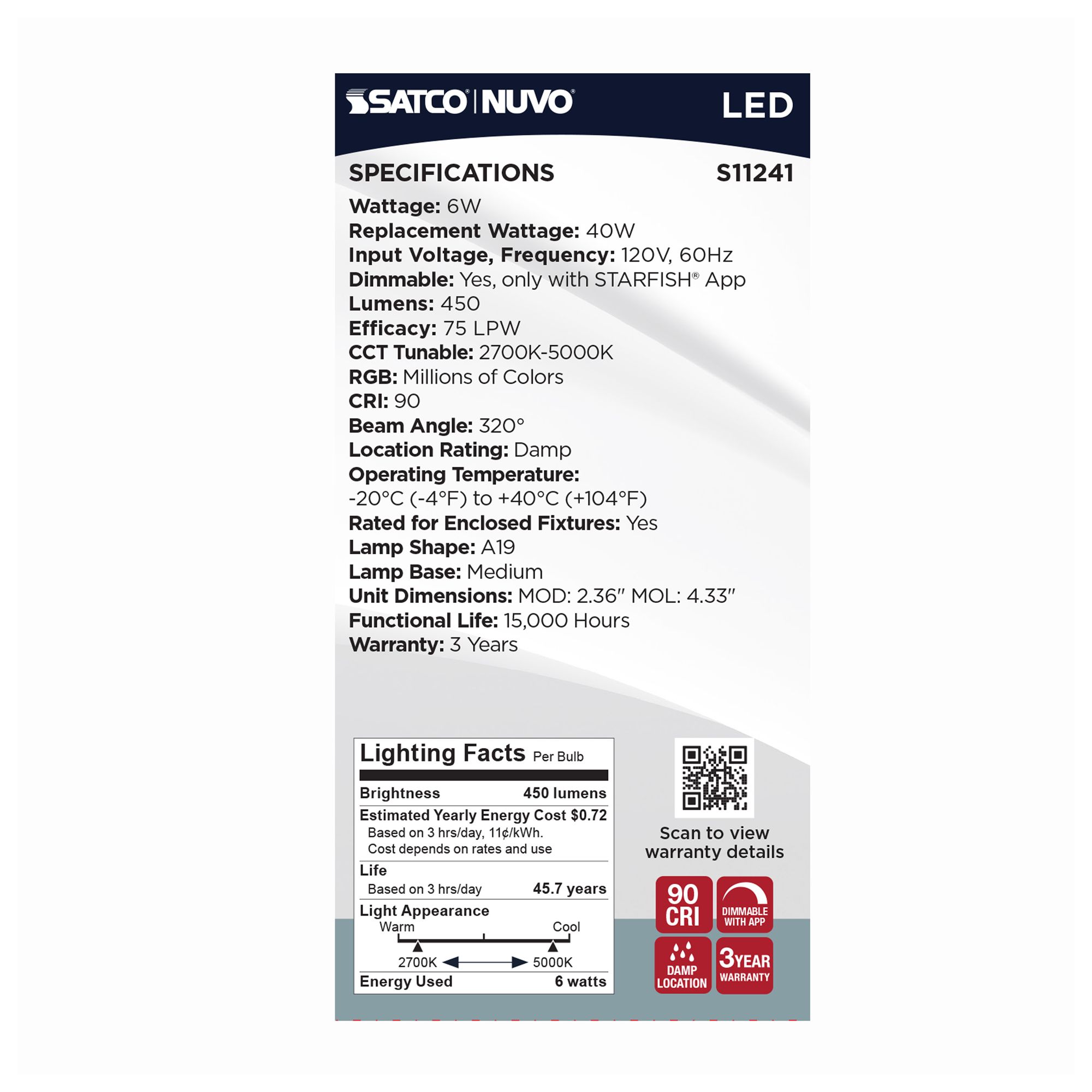 40W Equivalent Satco Clear 6W LED Dimmable Standard A19 Bulb in scene