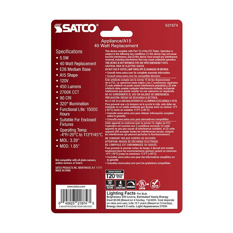Image 4 40W Equivalent Satco Frosted 5.5W LED Dimmable E26 2-Pack more views