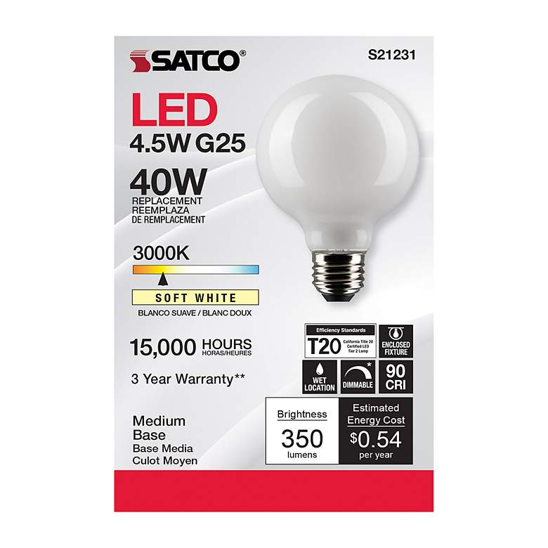 Image 4 40W Equivalent Satco White 4.5W 3000K LED Dimmable Standard more views