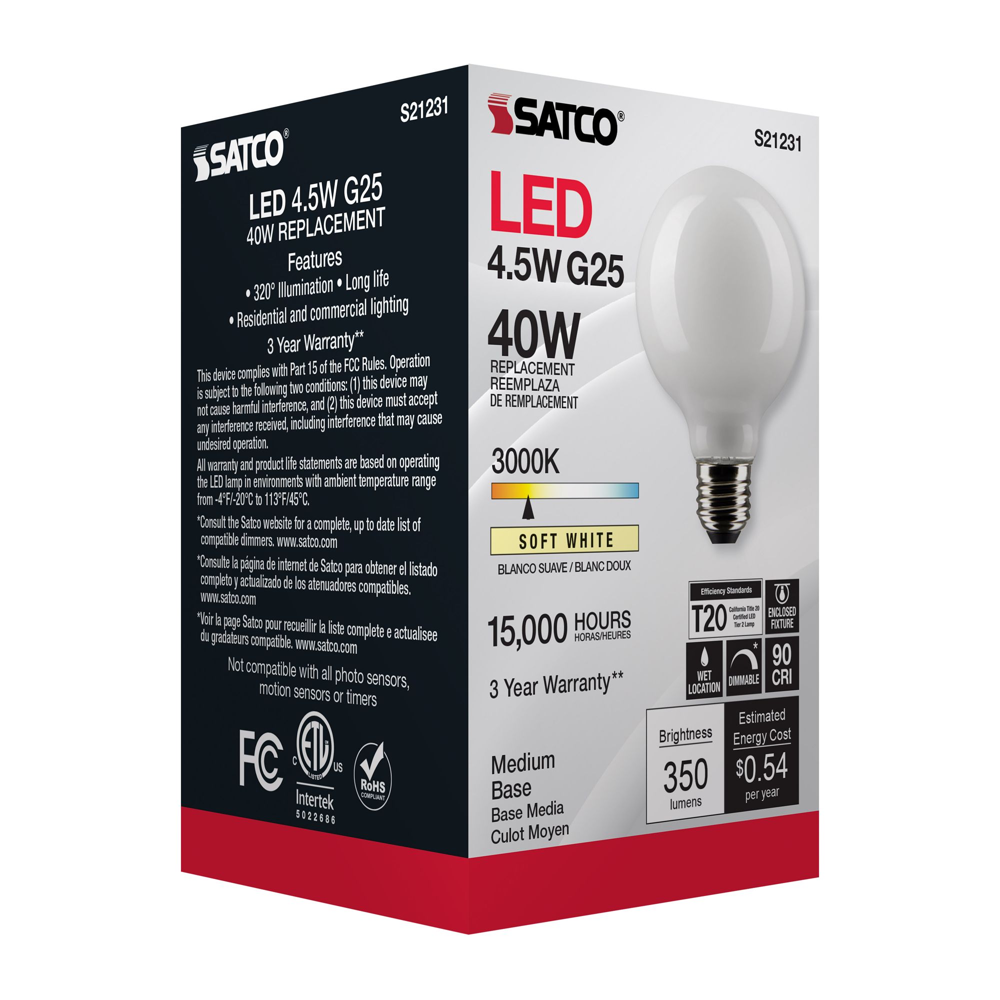 40W Equivalent Satco White 4.5W 3000K LED Dimmable Standard in scene