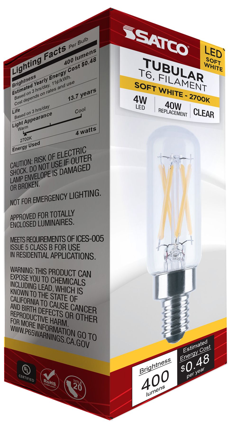40W Equivalent T6 4W 3000K LED Dimmable Candelabra Bulb by Satco