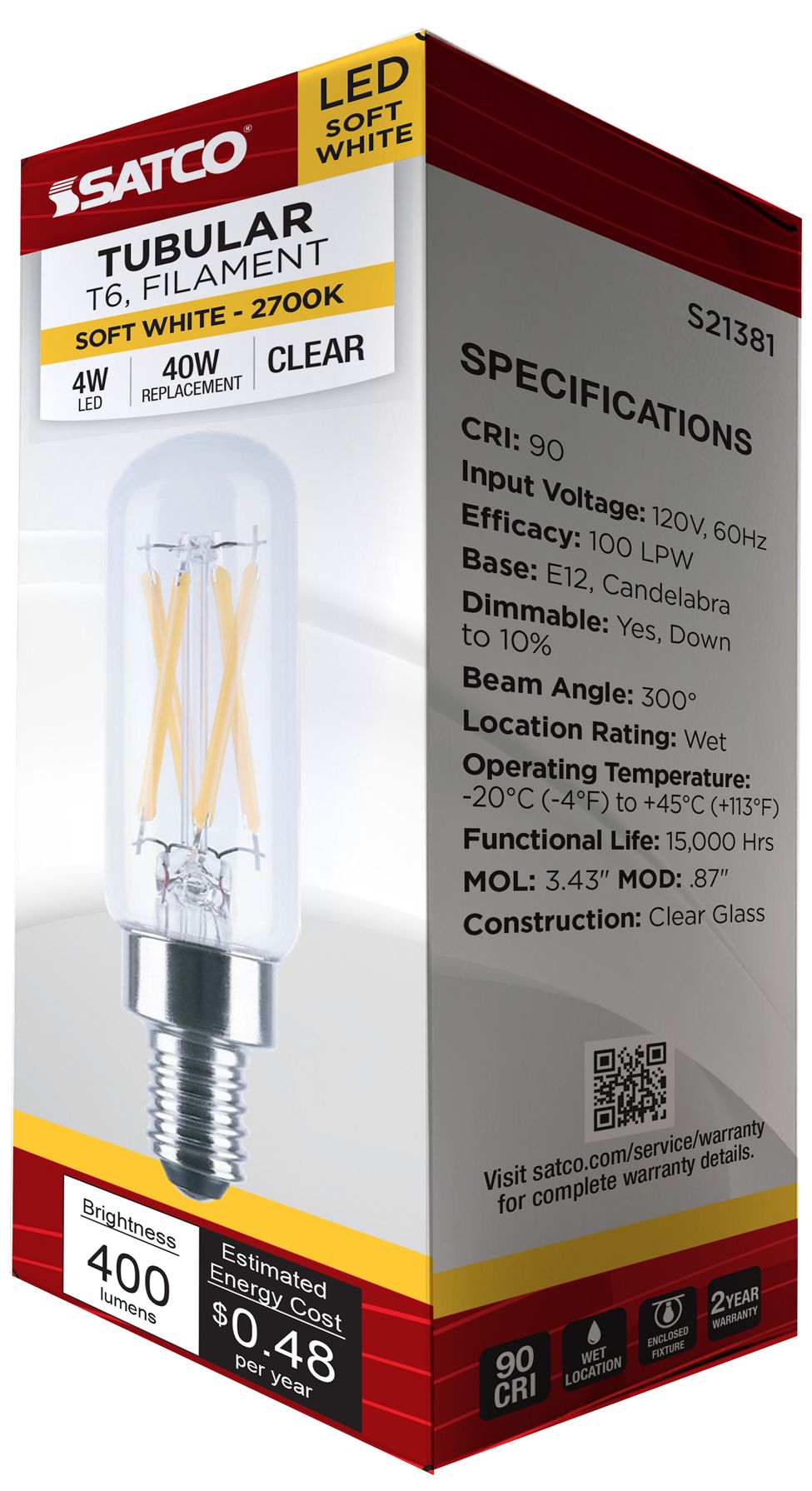 40W Equivalent T6 4W 3000K LED Dimmable Candelabra Bulb by Satco