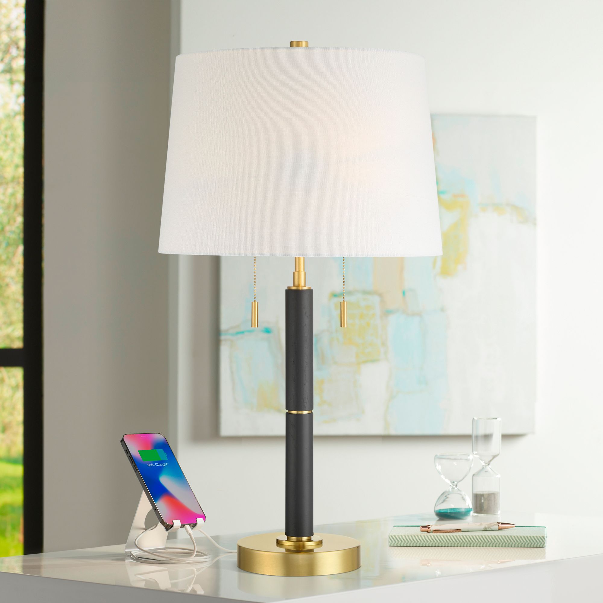 Image 1 Rawdon 27" High Antique Brass and Black 2-Light Pull-Chain Table Lamp in scene