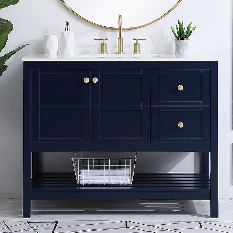 Image 1 42-Inch Blue Single Sink Bathroom Vanity w/ White Calacatta Quartz Top