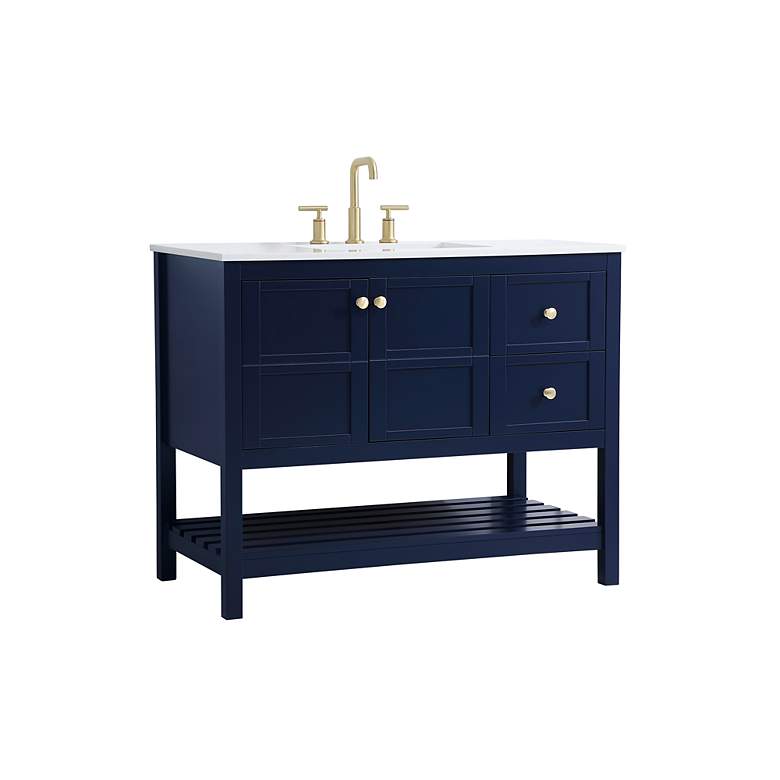 Image 3 42-Inch Blue Single Sink Bathroom Vanity w/ White Calacatta Quartz Top more views