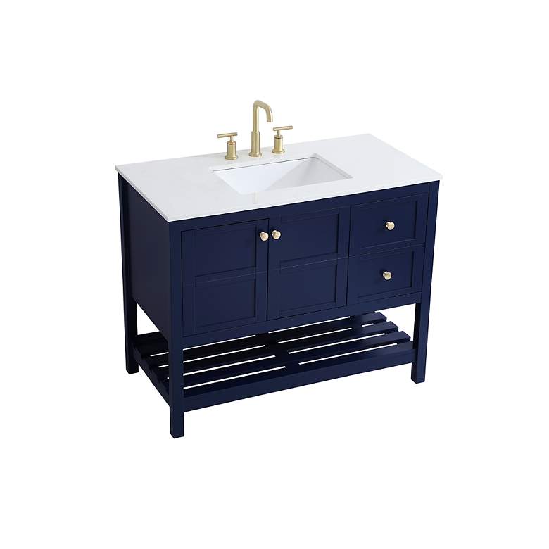 Image 4 42-Inch Blue Single Sink Bathroom Vanity w/ White Calacatta Quartz Top more views